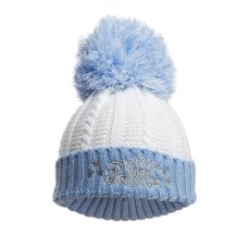 H684-B: Blue Cable Knit Hat w/Emb & Pom Pom (0-12 Months)